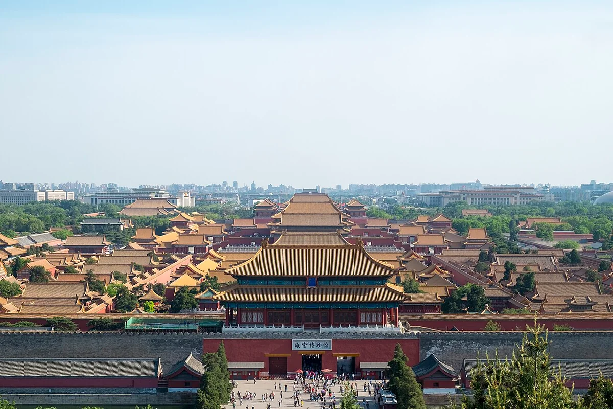 The tiled roofs and central axis of Beijing’s Forbidden City, viewed from Jingshan Park.