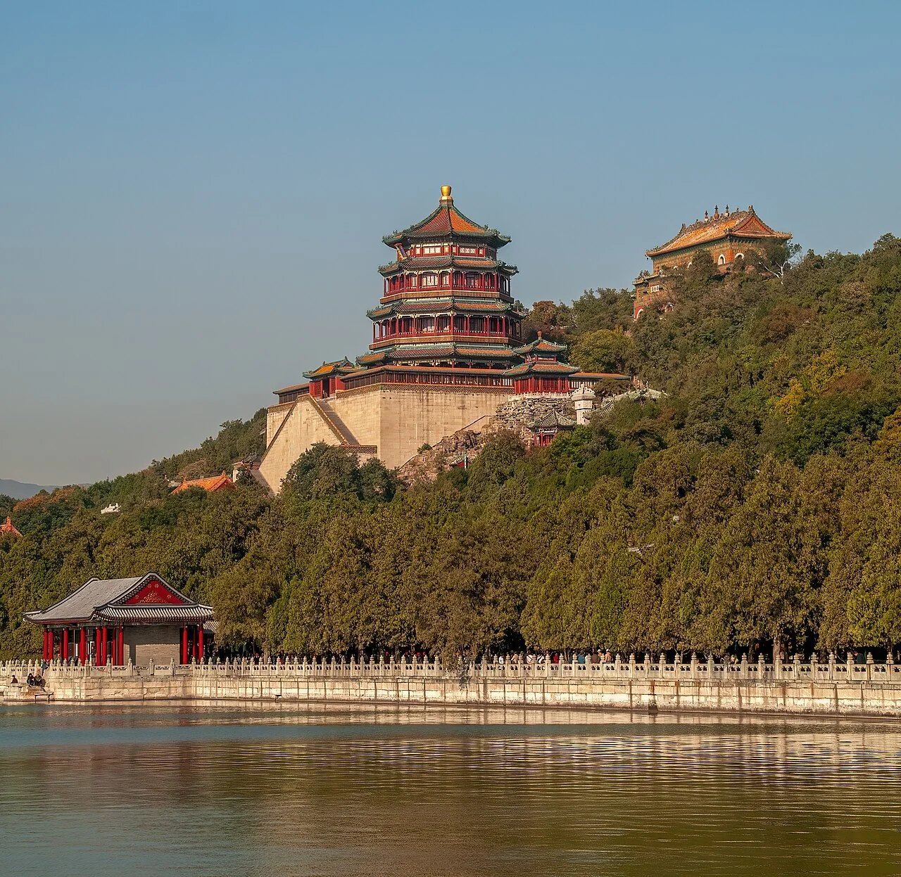 The Tower of Buddhist Incense above the wooded slope of Longevity Hill, with Kunming Lake in the foreground at Beijing’s Summer Palace.