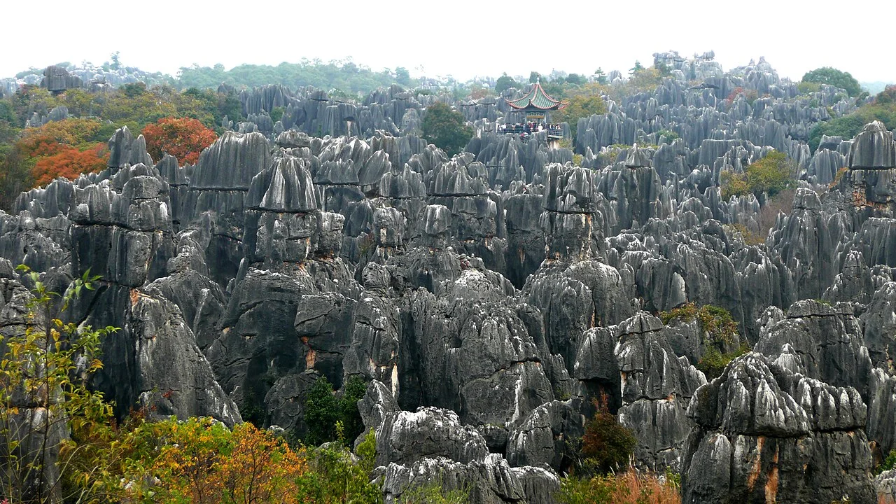 Layered grey limestone pinnacles and vertical grooves at Shilin, with vegetation and a small distant pavilion